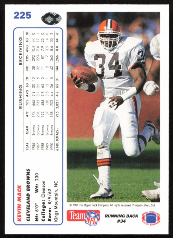 1991 Upper Deck Kevin Mack #225 (Back)