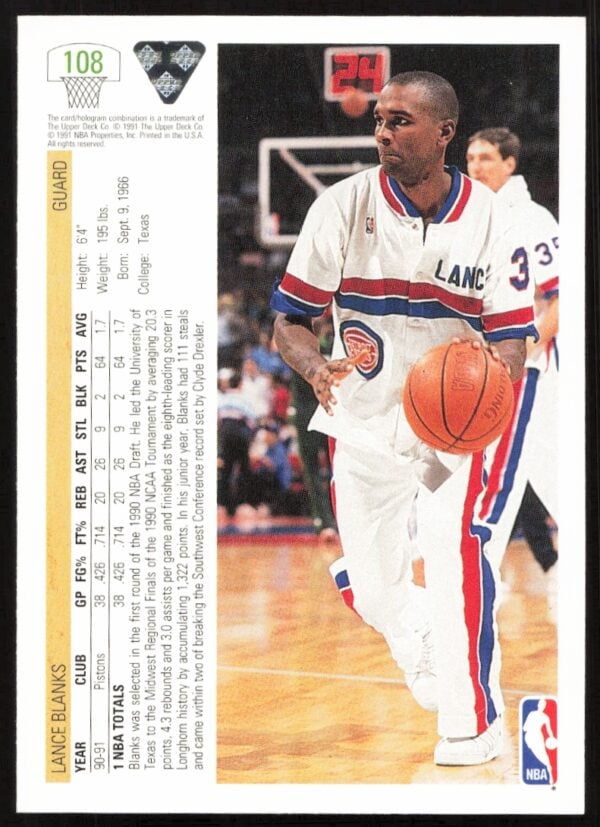 1991 Upper Deck Lance Blanks #108 (Back)