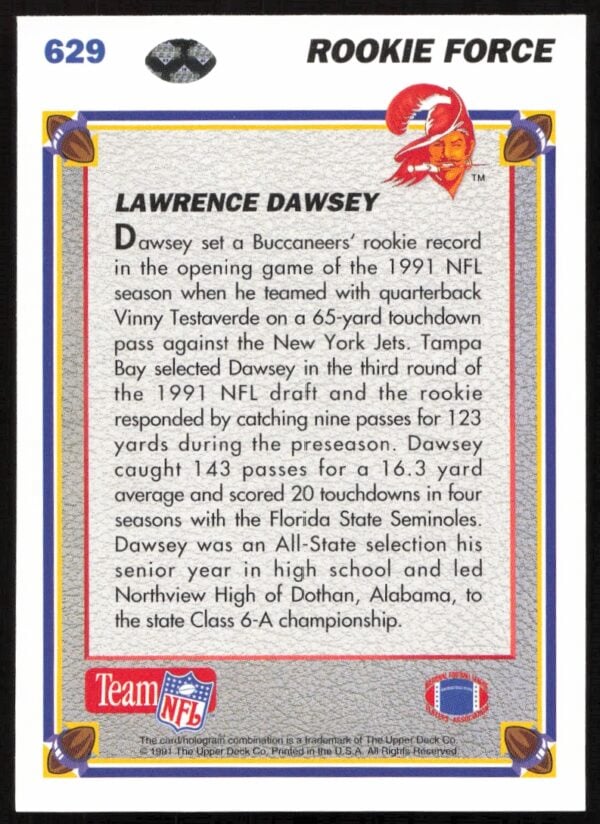 1991 Upper Deck Lawrence Dawsey #629 (Back)