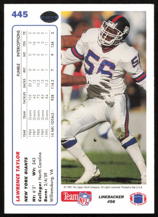 1991 Upper Deck Lawrence Taylor #445 (Back)