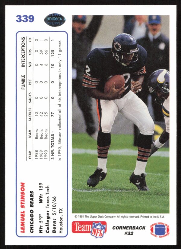 1991 Upper Deck Lemuel Stinson #339 (Back)