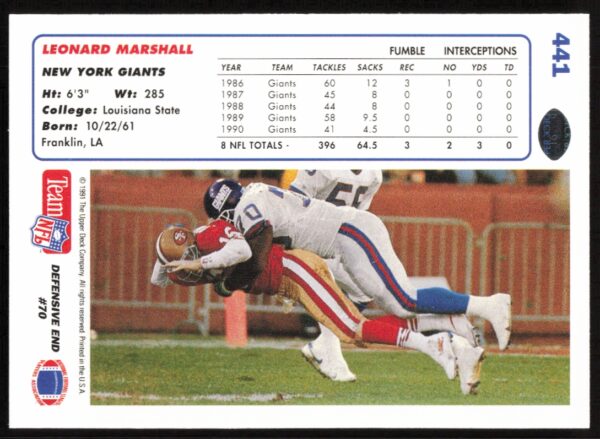 1991 Upper Deck Leonard Marshall #441 (Back)