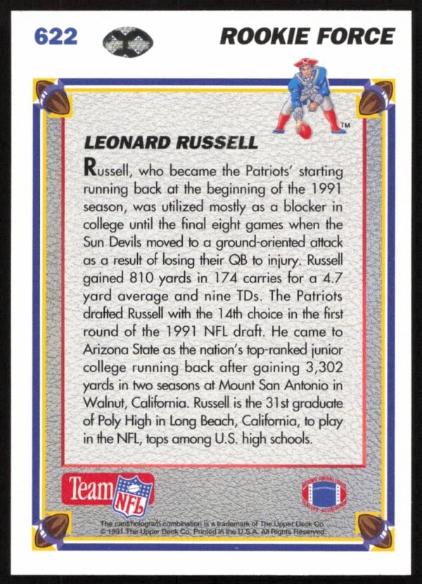 1991 Upper Deck Leonard Russell #622 (Back)