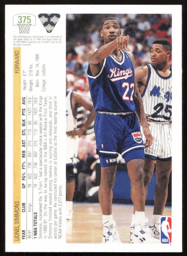 1991 Upper Deck Lionel Simmons #375 (Back)