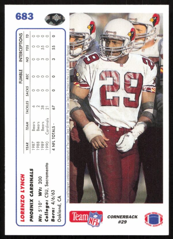 1991 Upper Deck Lorenzo Lynch #683 (Back)