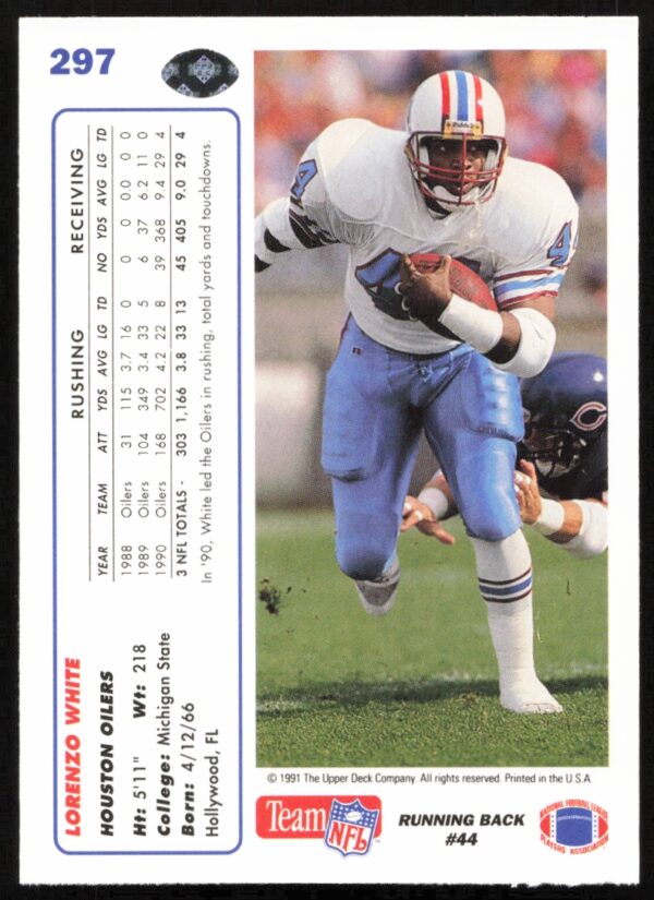 1991 Upper Deck Lorenzo White #297 (Back)