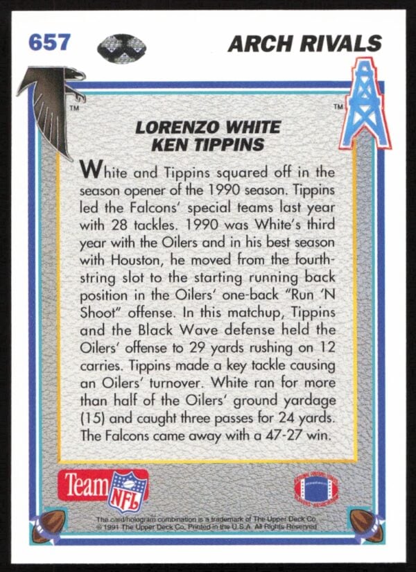 1991 Upper Deck Lorenzo White / Ken Tippins AR #657 (Back)