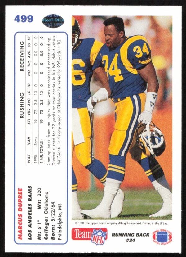 1991 Upper Deck Marcus Dupree #499 (Back)