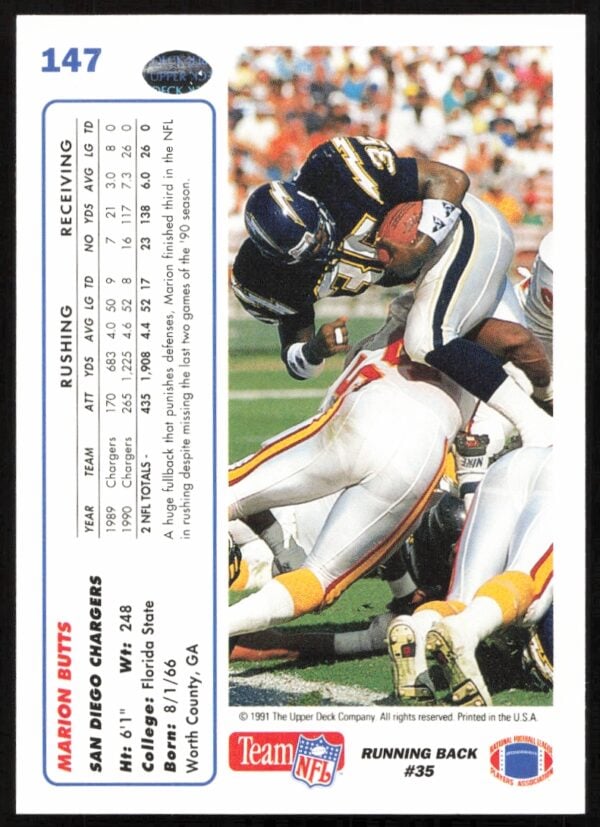 1991 Upper Deck Marion Butts #147 (Back)