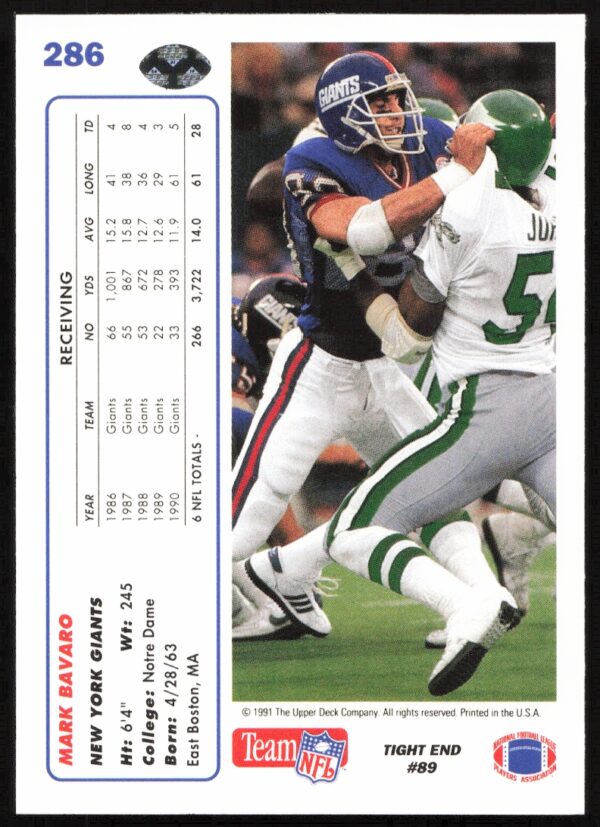 1991 Upper Deck Mark Bavaro #286 (Back)