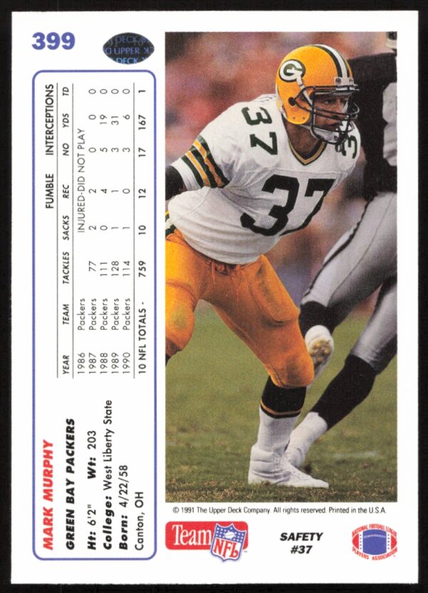 1991 Upper Deck Mark Murphy #399 (Back)