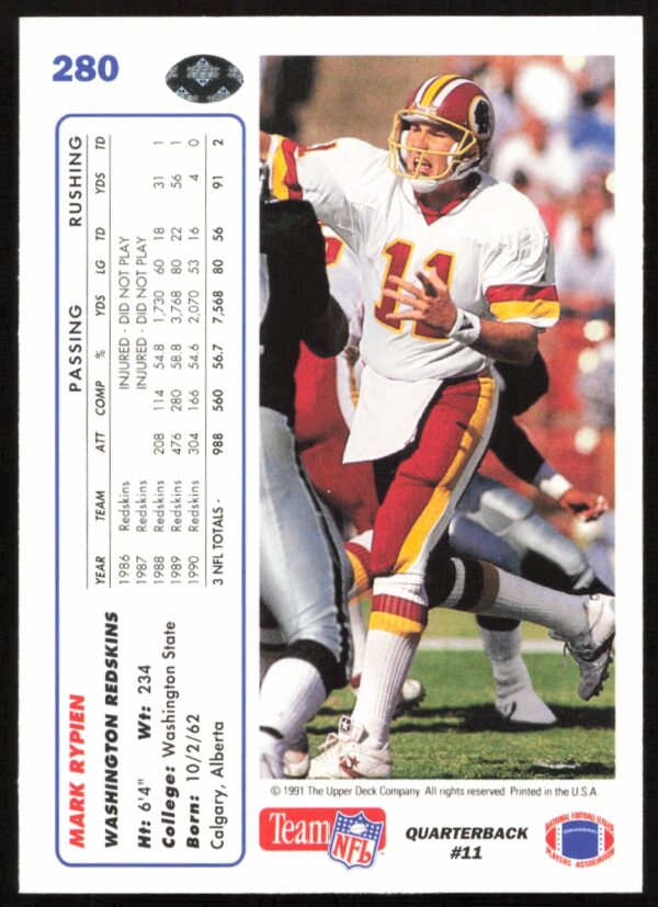 1991 Upper Deck Mark Rypien #280 (Back)