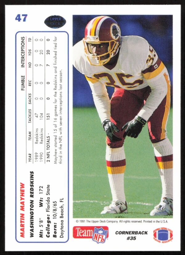 1991 Upper Deck Martin Mayhew #47 (Back)