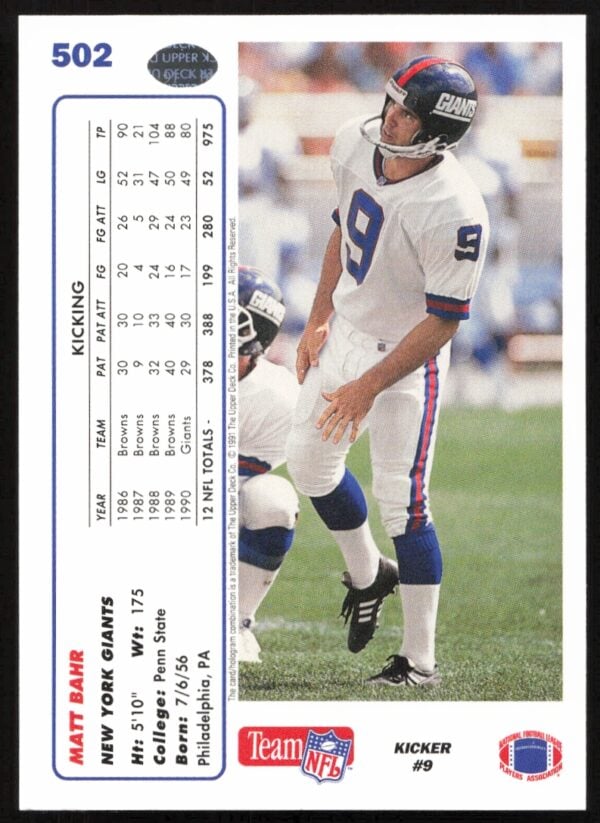 1991 Upper Deck Matt Bahr #502 (Back)