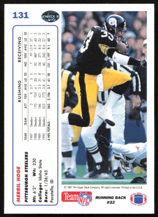 1991 Upper Deck Merril Hoge #131 (Back)