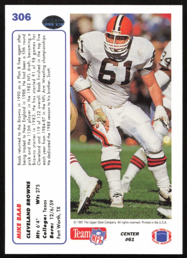 1991 Upper Deck Mike Baab #306 (Back)