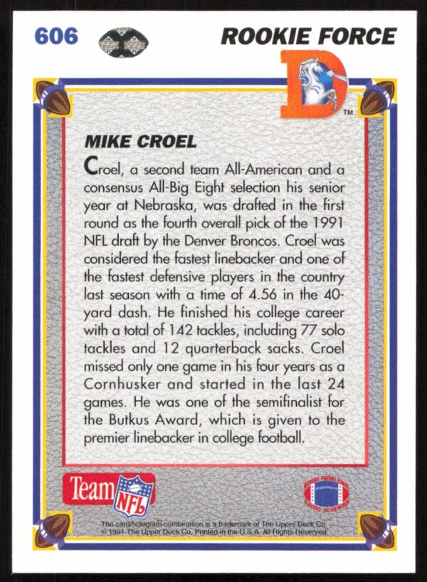 1991 Upper Deck Mike Croel #606 (Back)