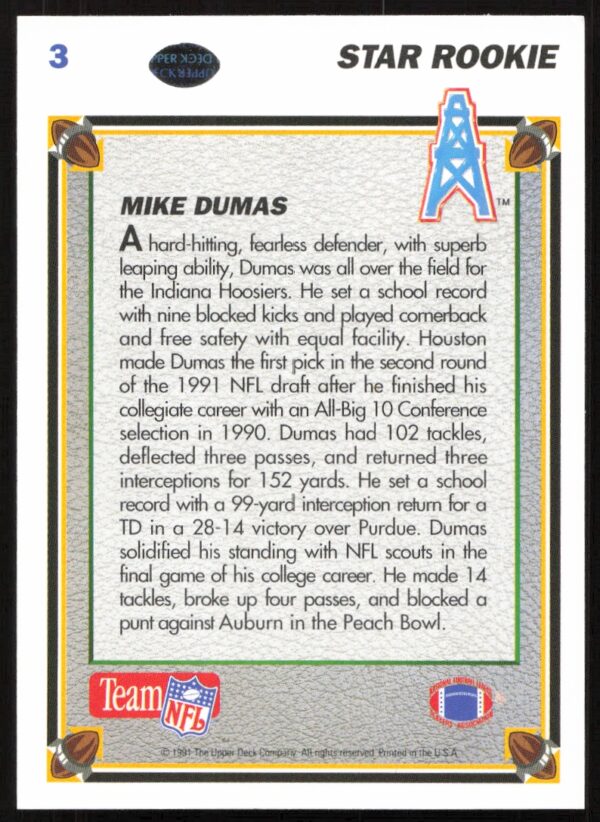 1991 Upper Deck Mike Dumas #3 (Back)