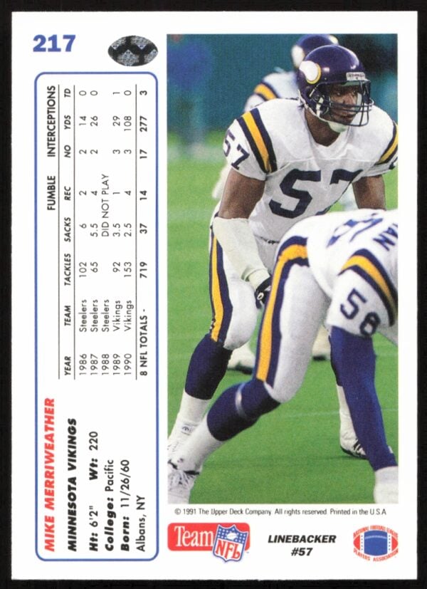 1991 Upper Deck Mike Merriweather #217 (Back)