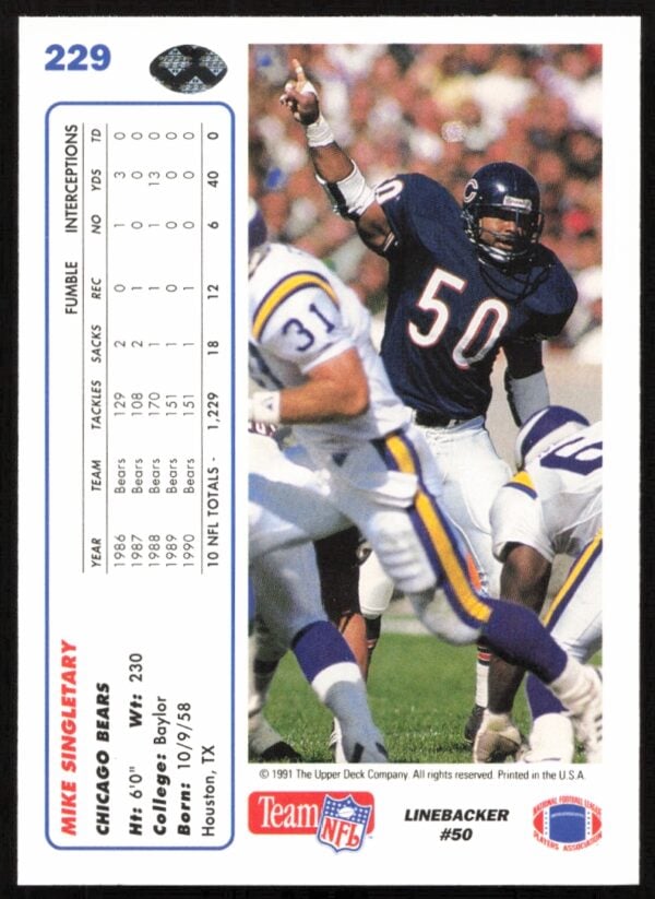 1991 Upper Deck Mike Singletary #229 (Back)