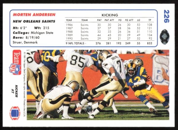 1991 Upper Deck Morten Andersen #226 (Back)