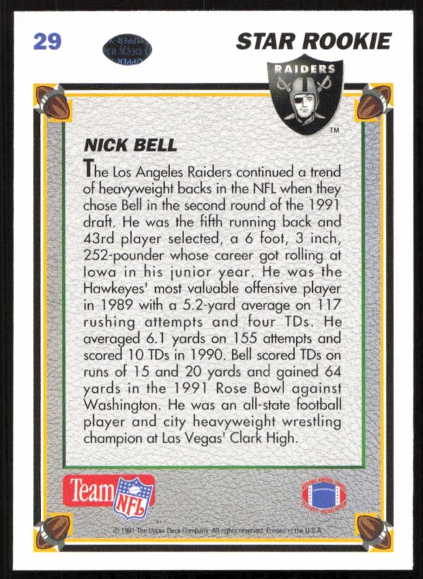 1991 Upper Deck Nick Bell #29 (Back)