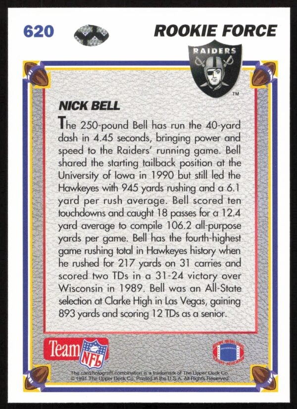 1991 Upper Deck Nick Bell #620 (Back)