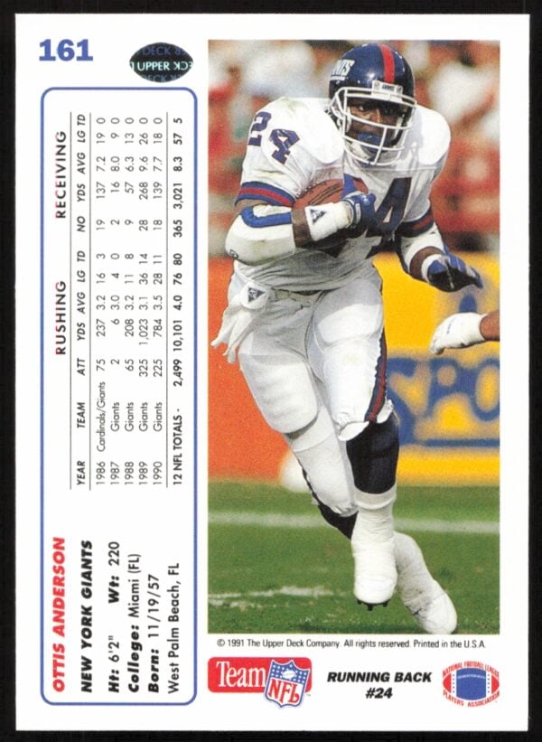 1991 Upper Deck Ottis Anderson #161 (Back)