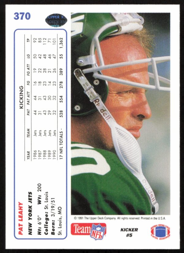 1991 Upper Deck Pat Leahy #370 (Back)