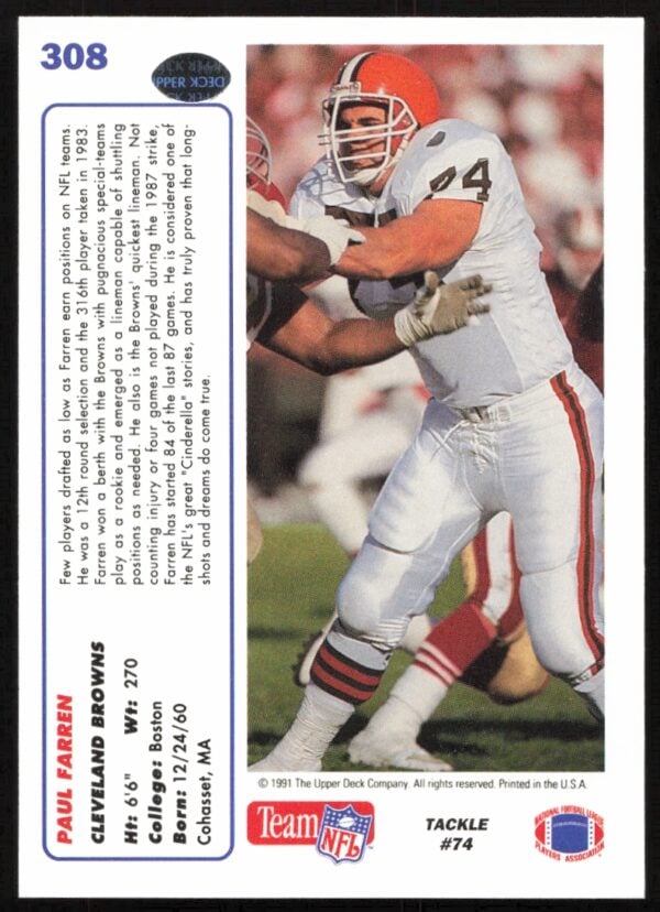 1991 Upper Deck Paul Farren #308 (Back)