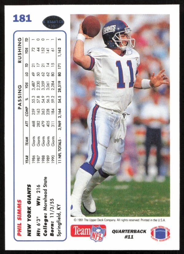 1991 Upper Deck Phil Simms #181 (Back)