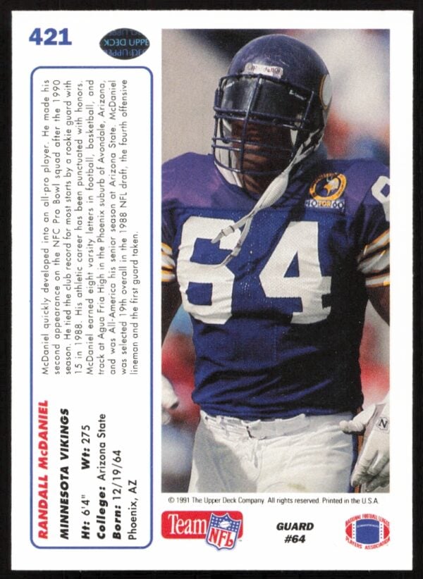 1991 Upper Deck Randall McDaniel #421 (Back)