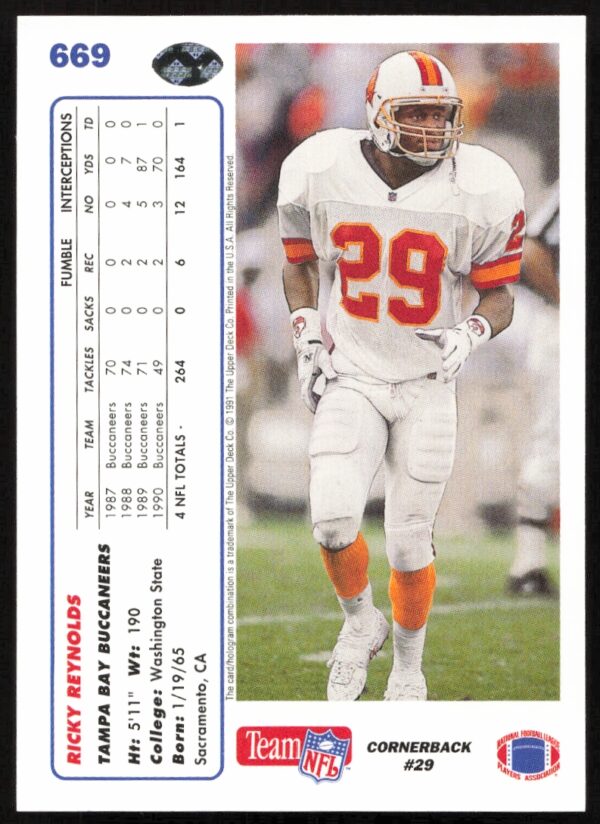 1991 Upper Deck Ricky Reynolds #669 (Back)