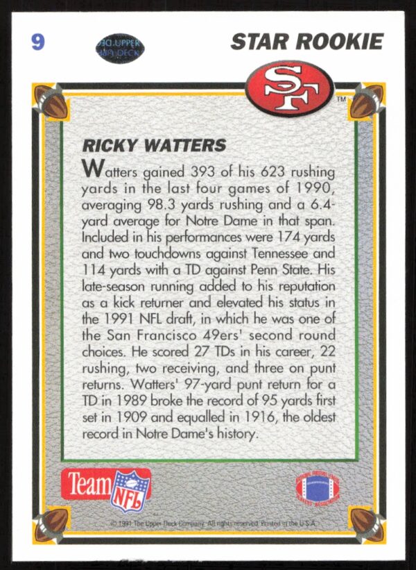 1991 Upper Deck Ricky Watters #9 (Back)