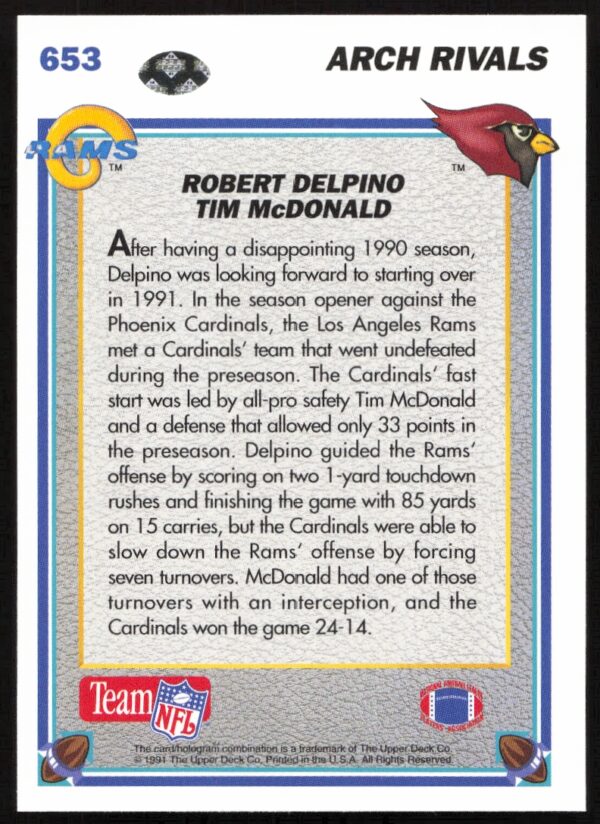 1991 Upper Deck Robert Delpino / Tim McDonald AR #653 (Back)