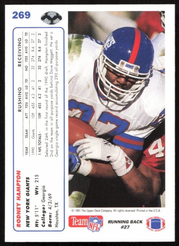 1991 Upper Deck Rodney Hampton #269 (Back)