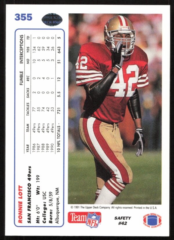 1991 Upper Deck Ronnie Lott #355 (Back)