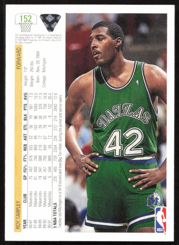 1991 Upper Deck Roy Tarpley #152 (Back)