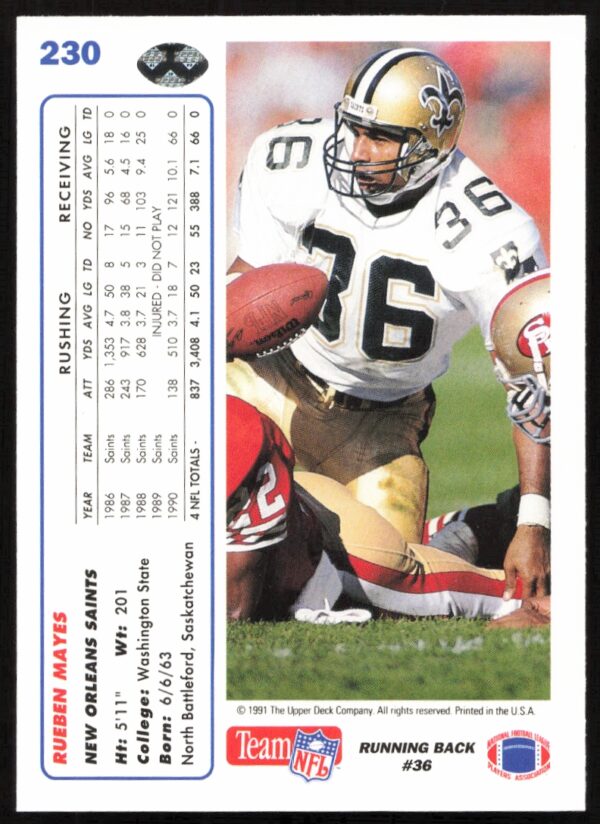 1991 Upper Deck Rueben Mayes #230 (Back)