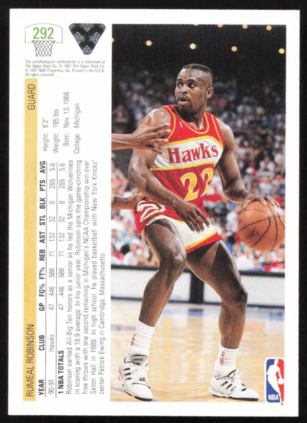 1991 Upper Deck Rumeal Robinson #292 (Back)