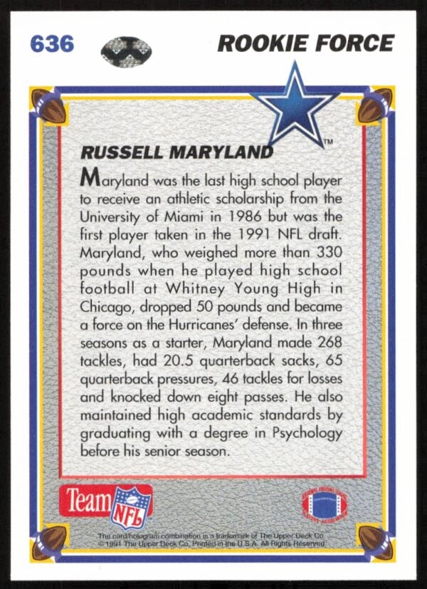 1991 Upper Deck Russell Maryland #636 (Back)