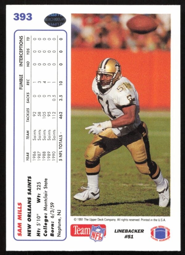 1991 Upper Deck Sam Mills #393 (Back)