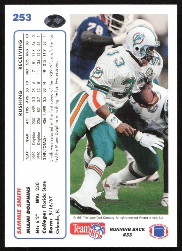 1991 Upper Deck Sammie Smith #253 (Back)