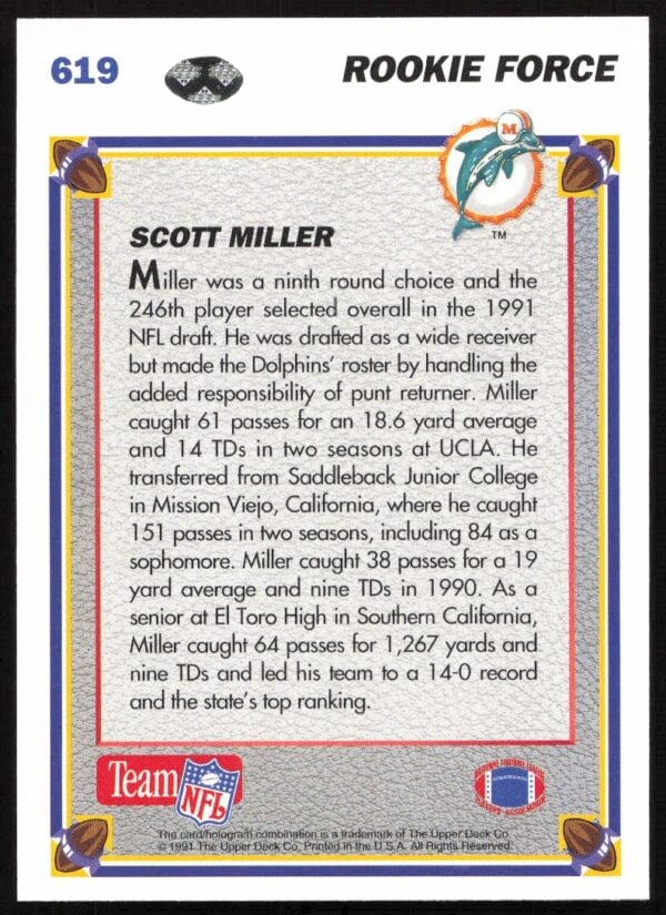 1991 Upper Deck Scott Miller #619 (Back)