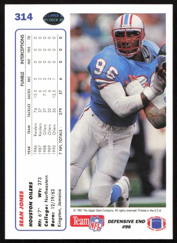 1991 Upper Deck Sean Jones #314 (Back)