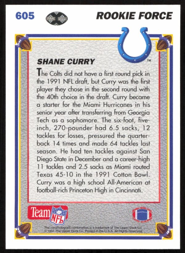 1991 Upper Deck Shane Curry #605 (Back)