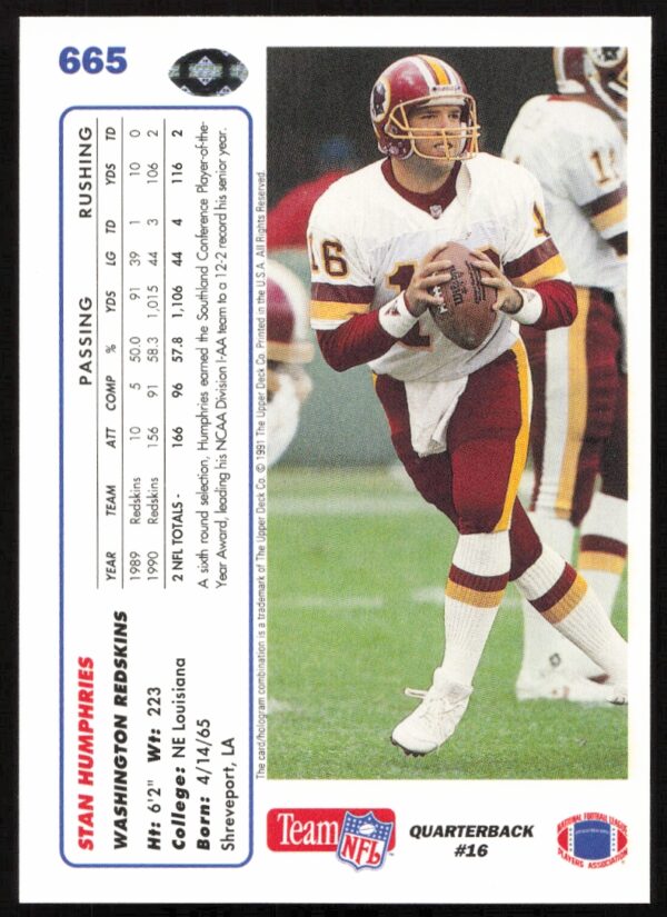 1991 Upper Deck Stan Humphries #665 (Back)