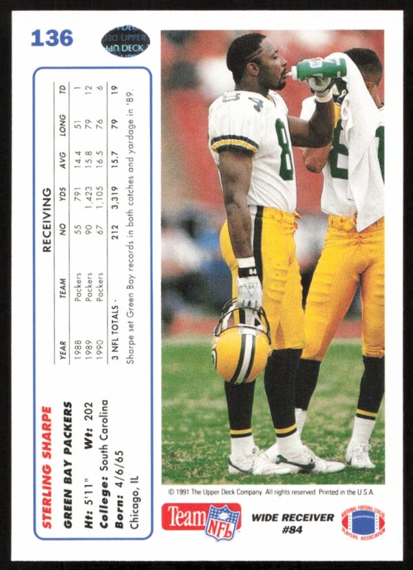 1991 Upper Deck Sterling Sharpe #136 (Back)