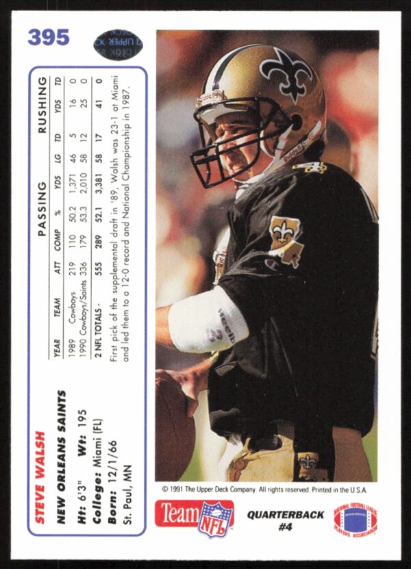 1991 Upper Deck Steve Walsh #395 (Back)