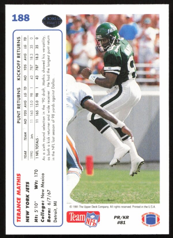 1991 Upper Deck Terance Mathis #188 (Back)